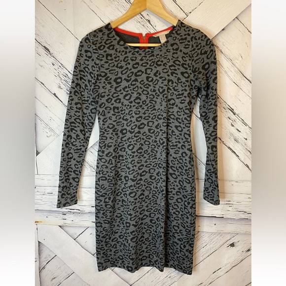Banana Republic Gray Leopard Print Long Sleeve Sheath Dress Size 6 - Picture 1 of 4